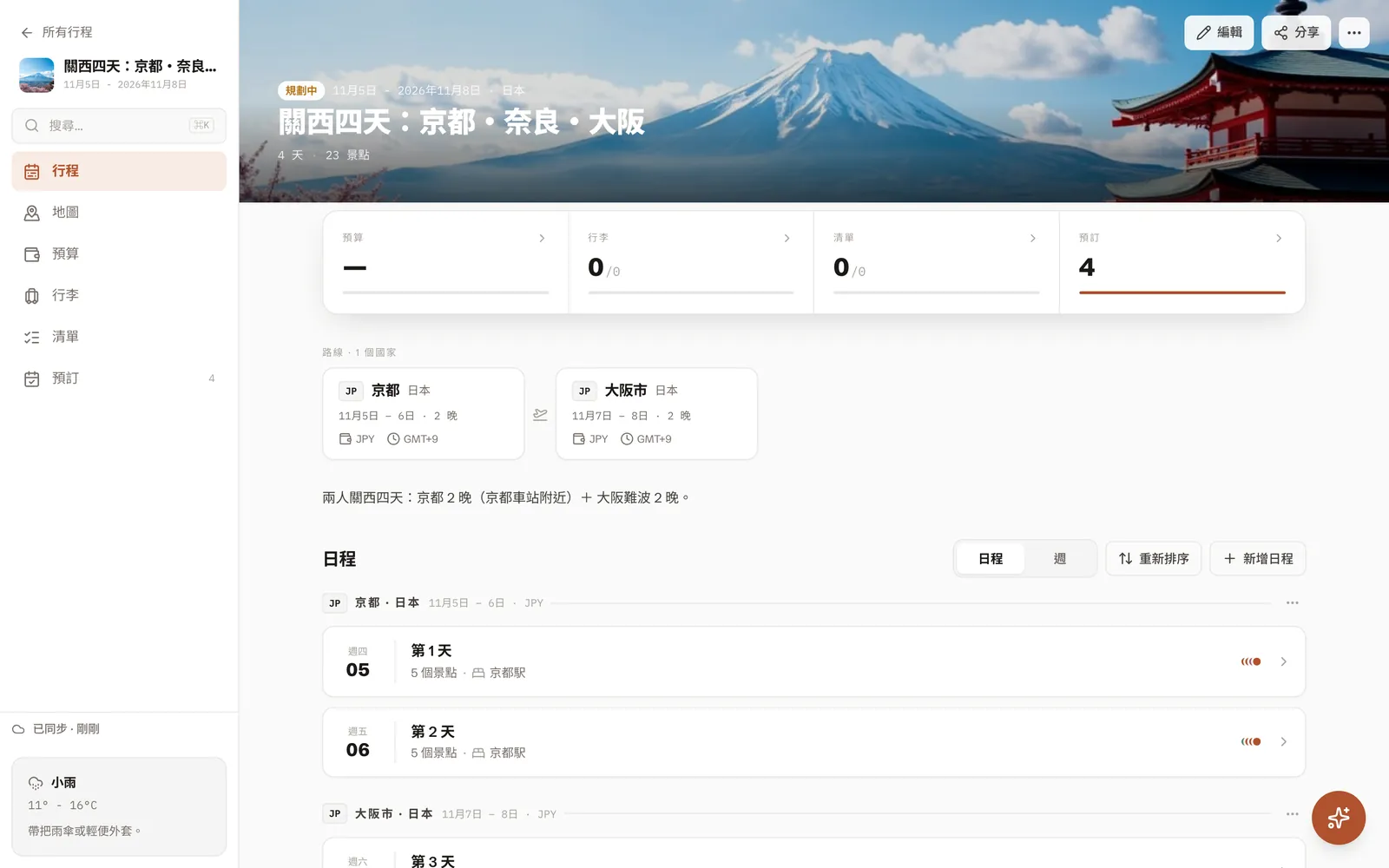 DimTrip 裡的關西四天行程：京都兩晚、大阪兩晚，每一天都標著當晚的住宿