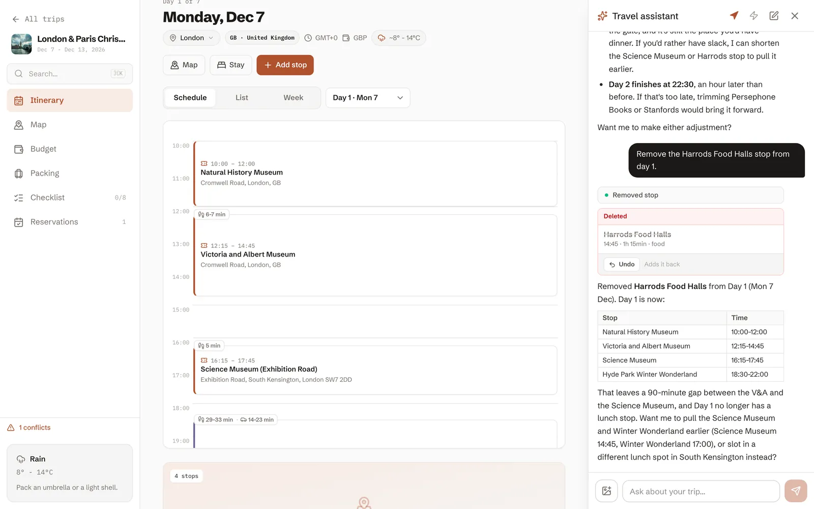 A deleted Harrods Food Halls stop in the chat with an Undo button
