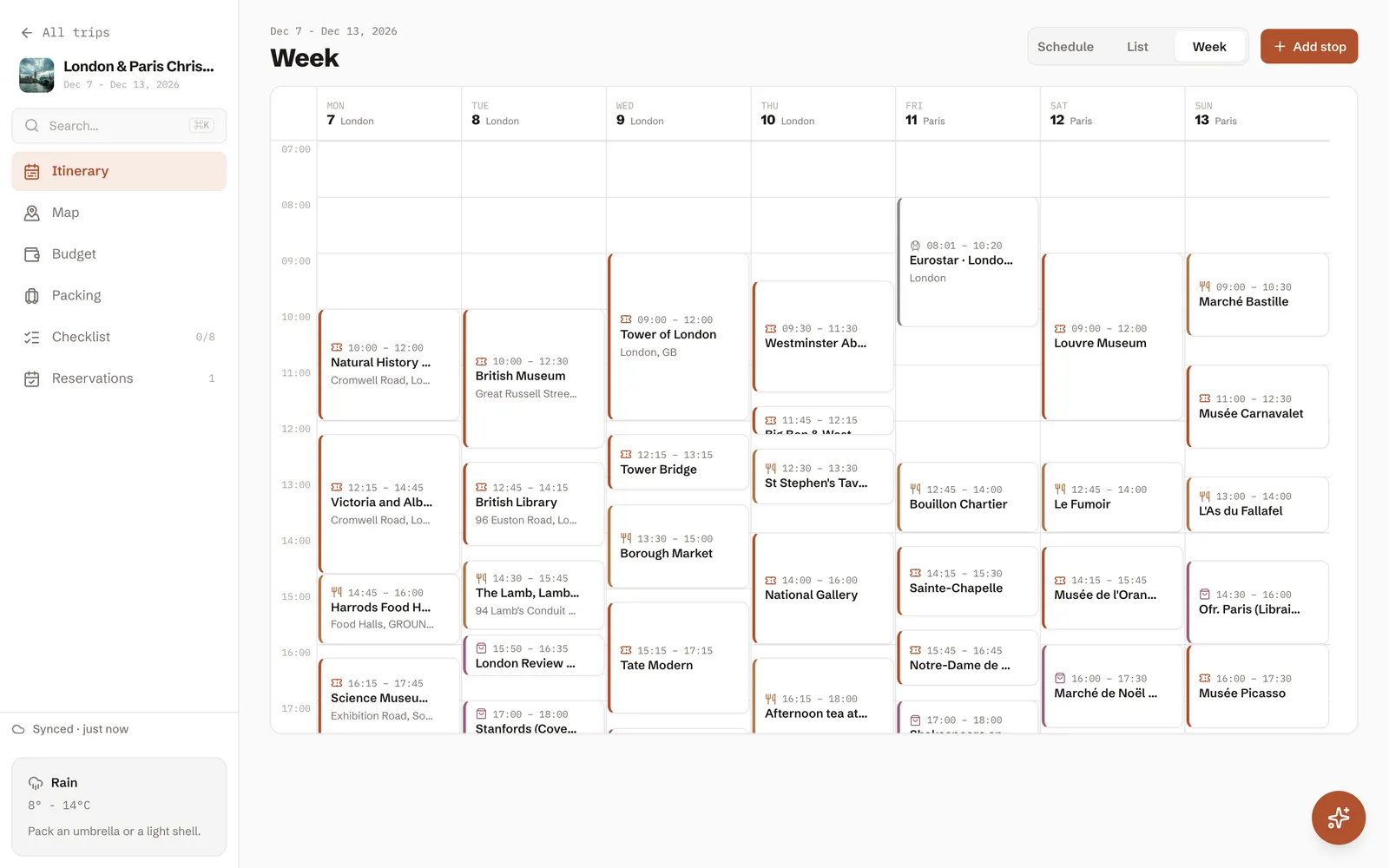 The London and Paris week in DimTrip's week view, with a start time on every stop