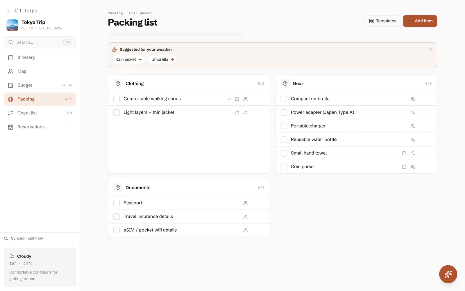 A shared packing list the assistant started, sorted into clothing, gear and documents