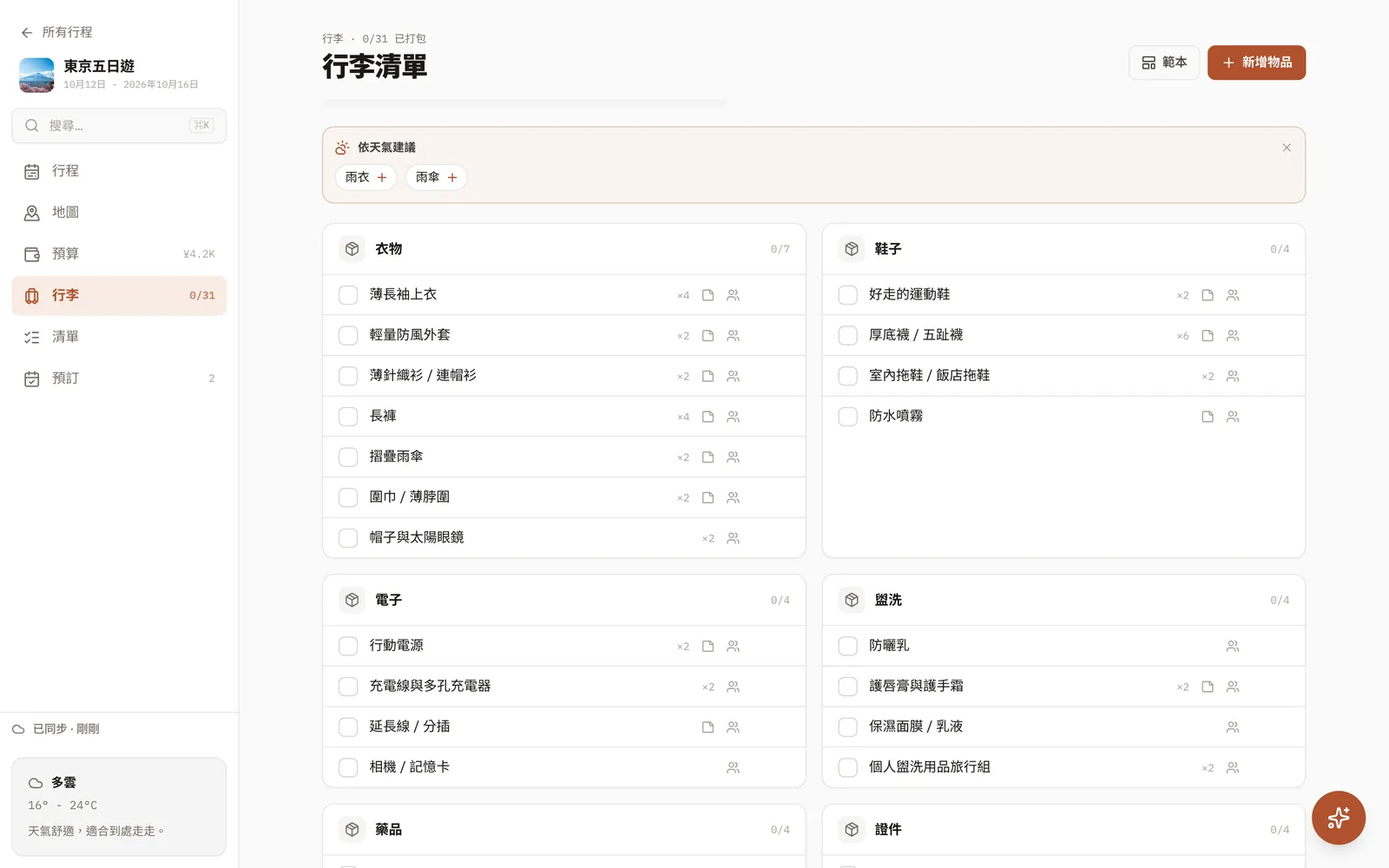 AI 助手幫忙開好的共用行李清單,依類別分好