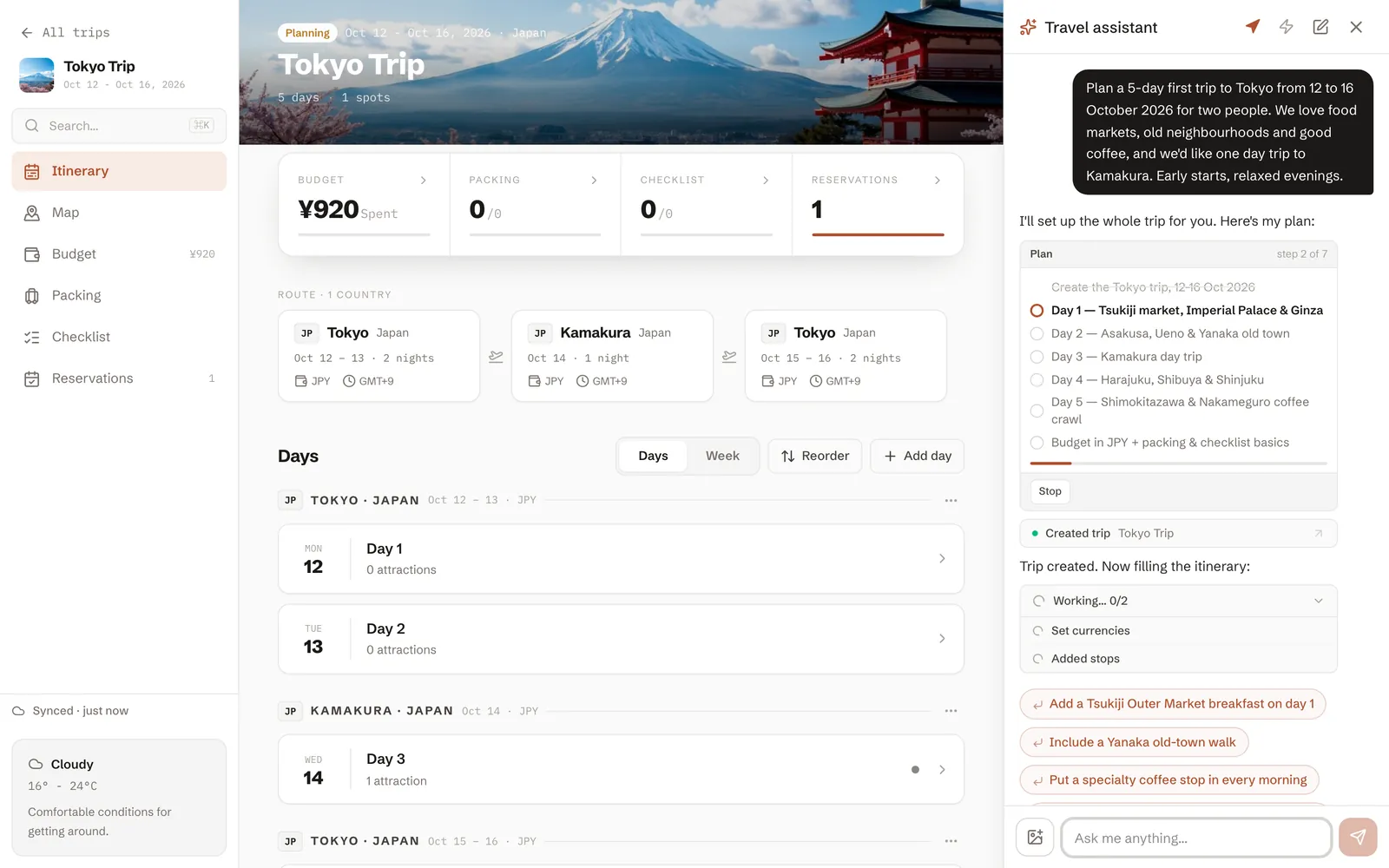 DimTrip's assistant setting out a plan and filling in a five-day Tokyo trip beside the trip it is building